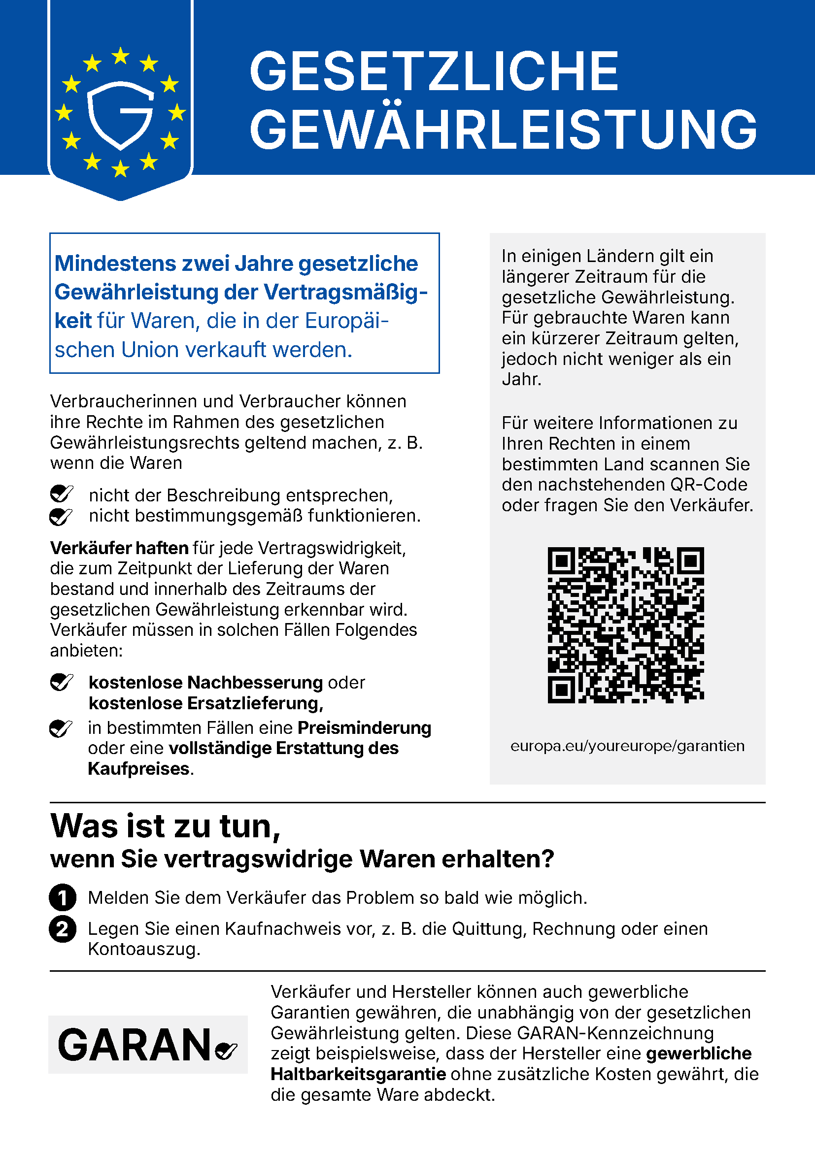 EU-Hinweis: Gesetzliches Gewährleistungsrecht von mindestens zwei Jahren